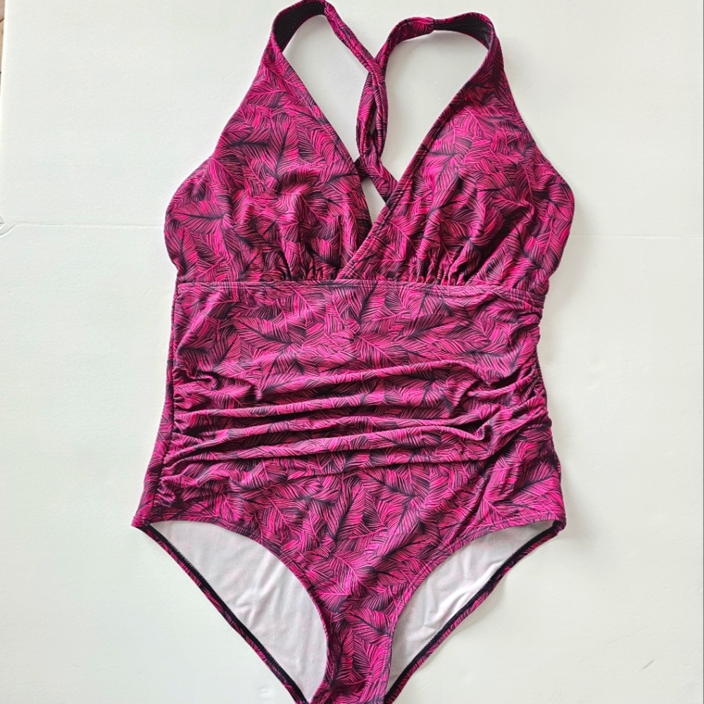 Eddie Bauer Ruched Shaping One Piece Swimsuit Size Large Leafy Foliage Botanical